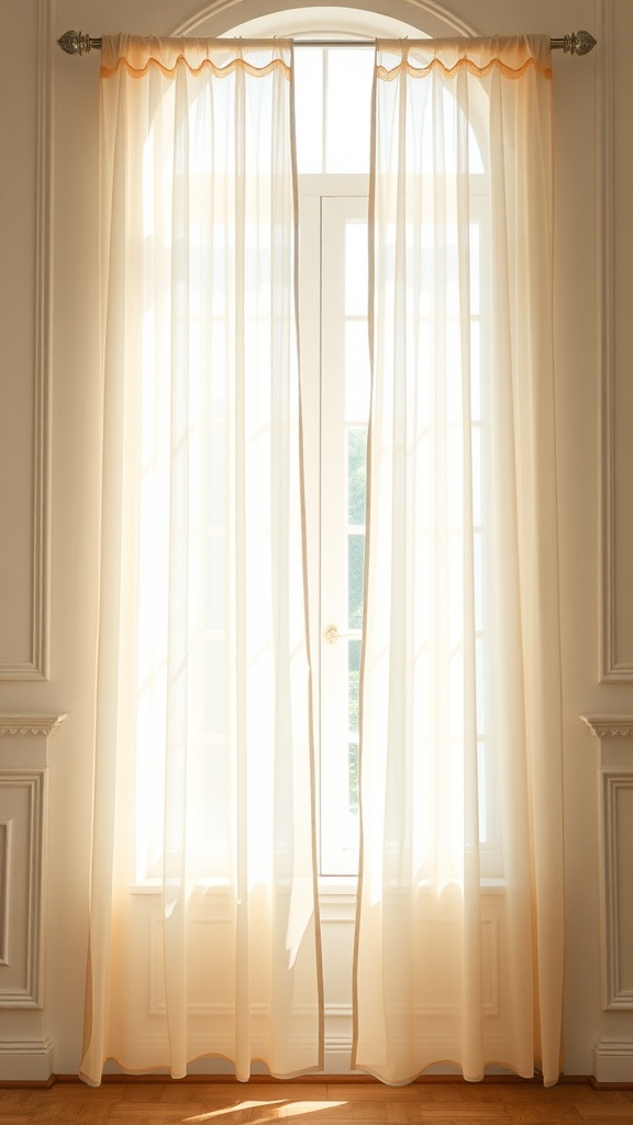 Light sheer curtains hanging by a window, allowing soft light to enter a bright room with cream walls.