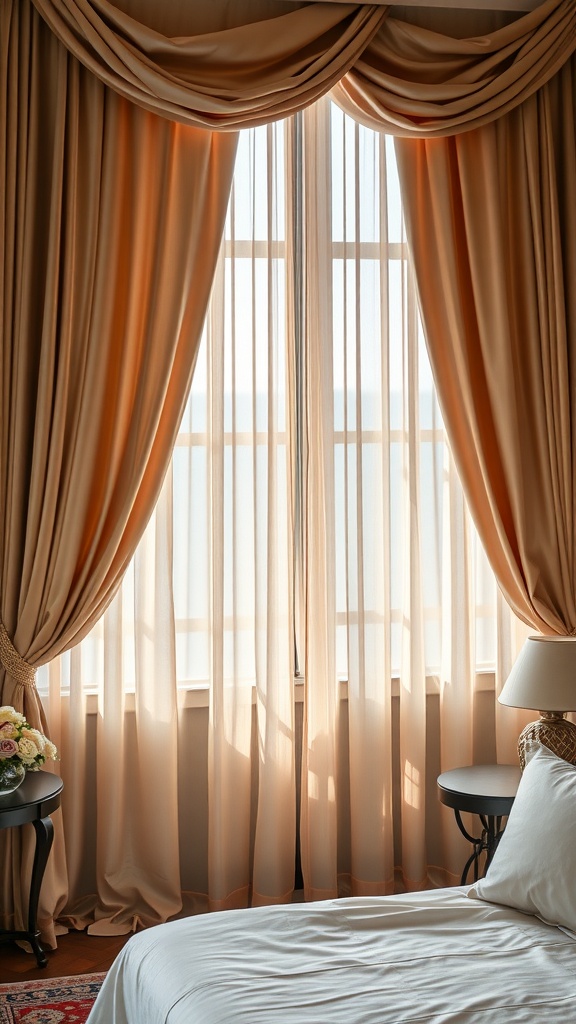 Elegant silk drapes framing a bright window in a cozy bedroom