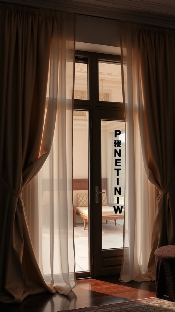 Elegant silk drapes framing a sliding glass door in a cozy interior setting.