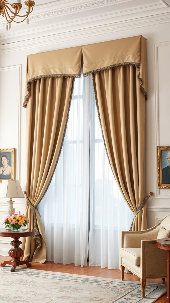 Elegant taffeta curtains in a living room setting with a soft gold hue, framed by sheer drapes.