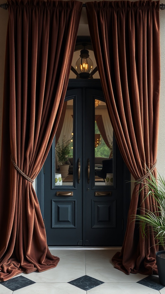 Luxurious velvet drapes in warm tones framing a double door entrance