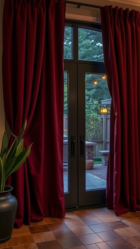 Elegant velvet panels framing a patio door, with a view of a well-lit outdoor space.