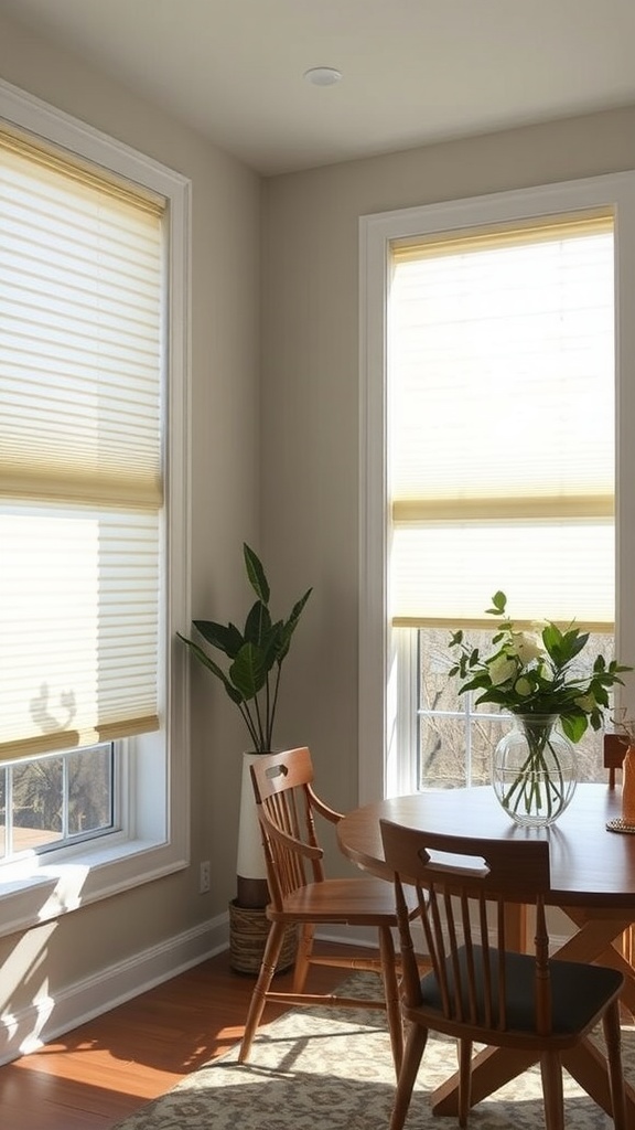 A room featuring energy-efficient cellular shades in a light color, allowing soft light to filter in through the window.