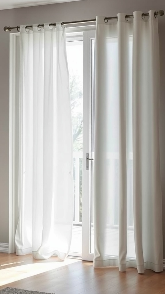 Light sheer thermal curtains draped over a sliding glass door.