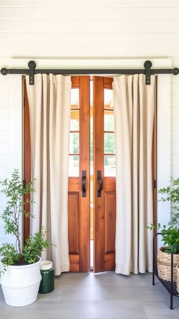 Sliding barn doors with beige curtains in a farmhouse style