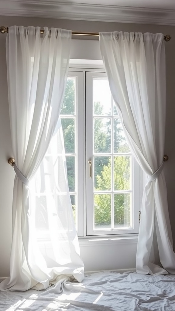 Sheer white bed sheets draped as window treatments
