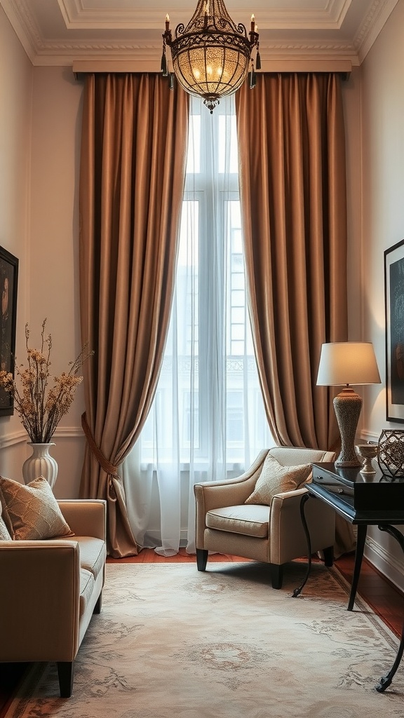 A cozy interior with faux silk curtains, elegant furniture, and soft lighting.