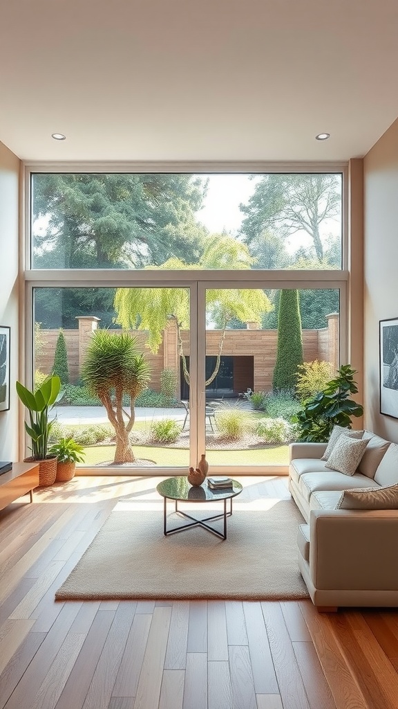 A spacious living room with floor-to-ceiling windows displaying a beautiful garden view, light wooden flooring, and a cozy sofa.
