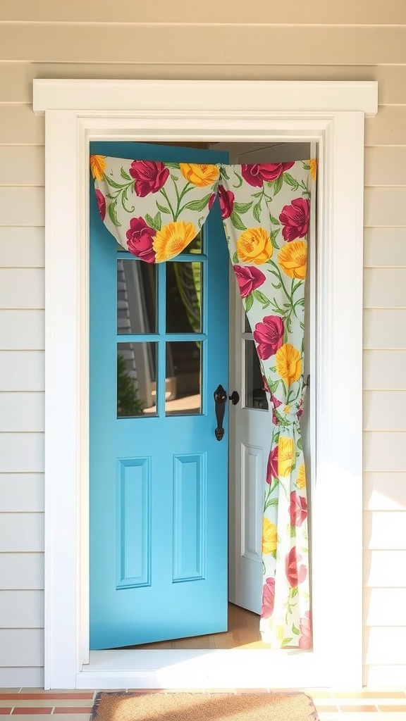 A bright blue door with floral print curtains in yellow and pink flowers