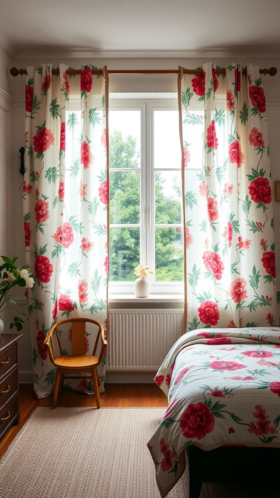 Bright floral print curtains in a bedroom with a wooden chair and bed