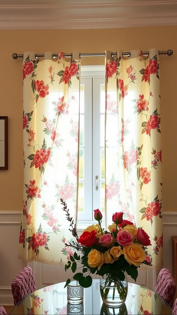 Bright floral print curtains hanging by a window with a view of a bouquet of roses on the table.