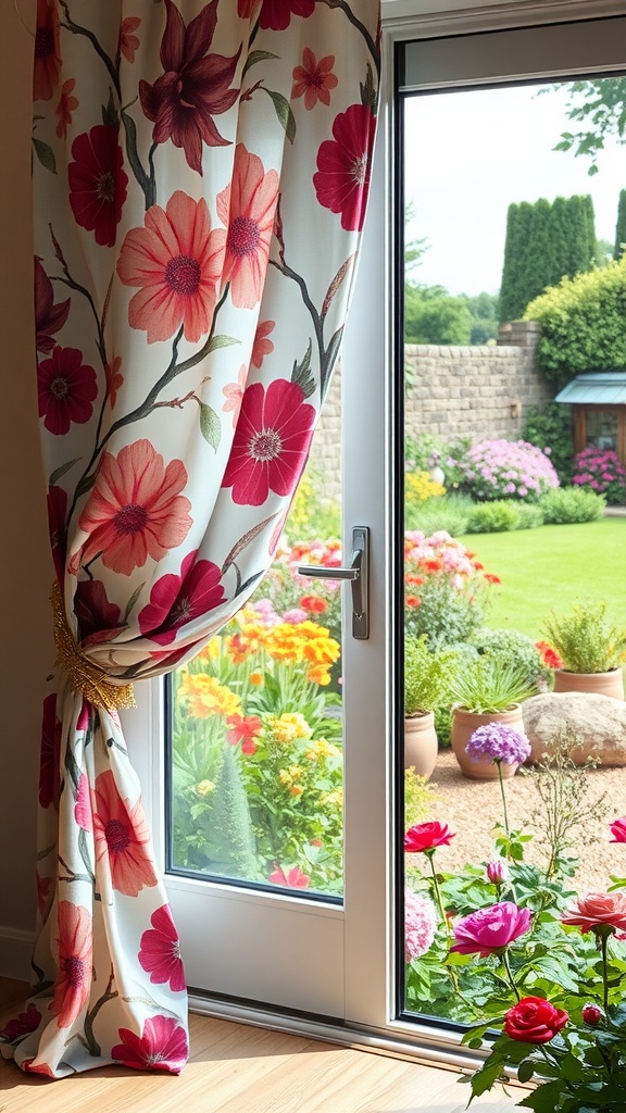 Floral print curtains hanging near a patio door with greenery outside