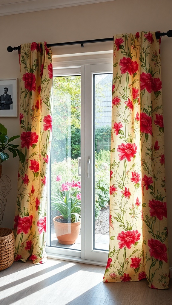 Bright floral curtains framing a sliding glass door with plants visible outside