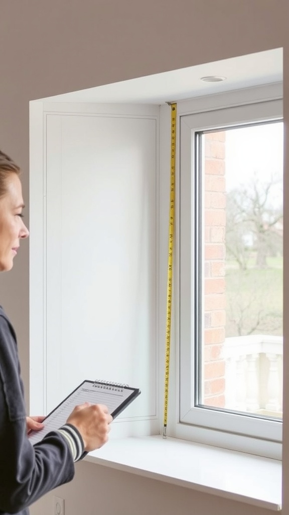 A person measuring the height of a window with a tape measure.