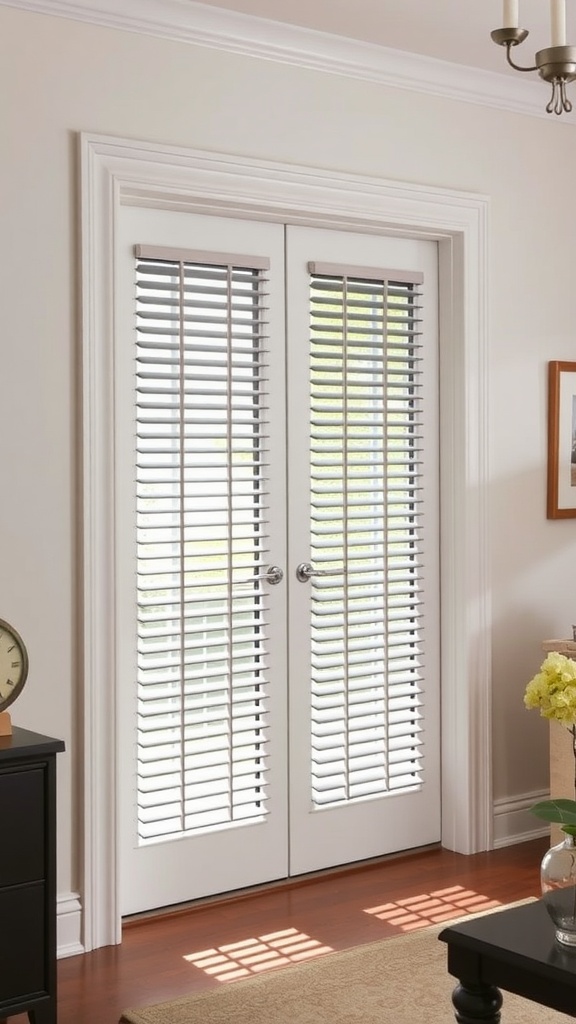French door blinds installed on white French doors in a stylish room.