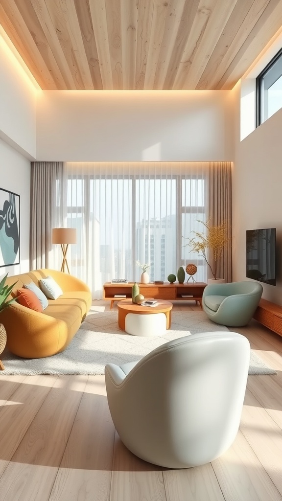 A modern living room with organic shaped furniture, featuring a cozy orange sofa, unique chairs, and a round coffee table, illuminated by natural light.