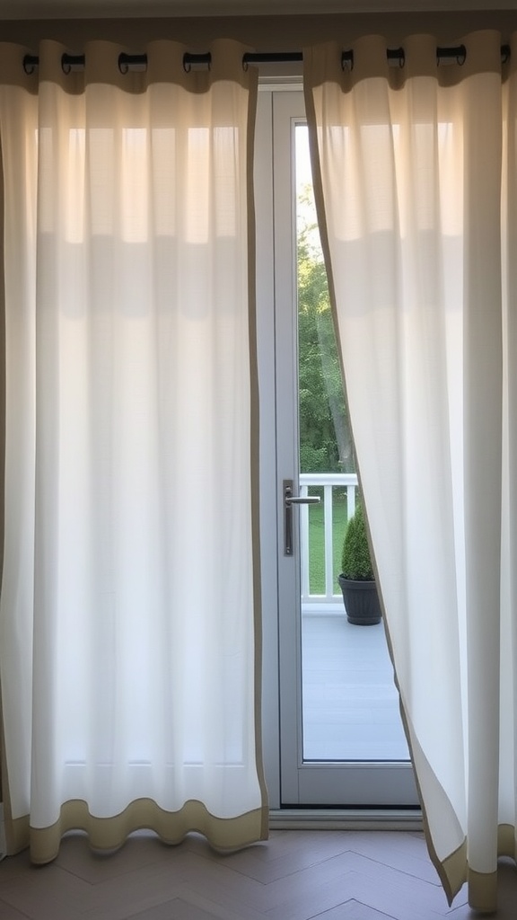 Light sheer curtains draped over a sliding glass door with a view of greenery outside.