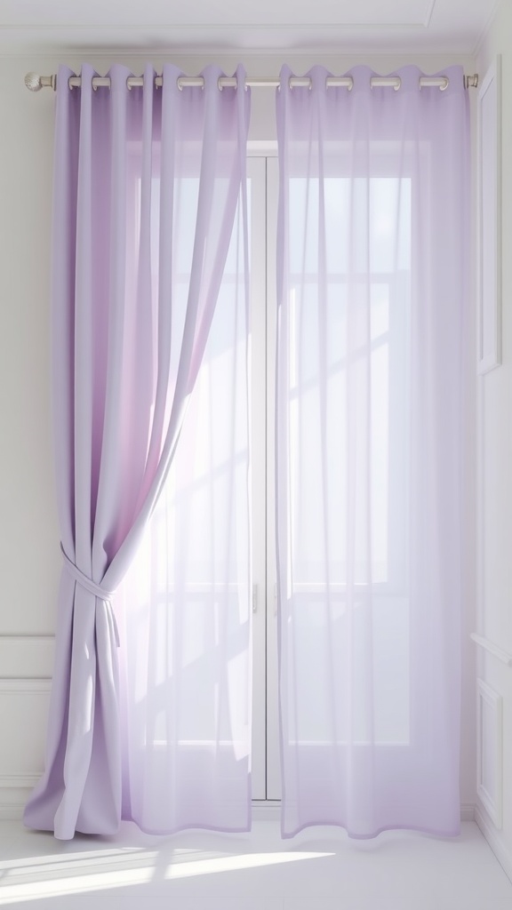 Lavender sheer curtains hanging in front of white walls