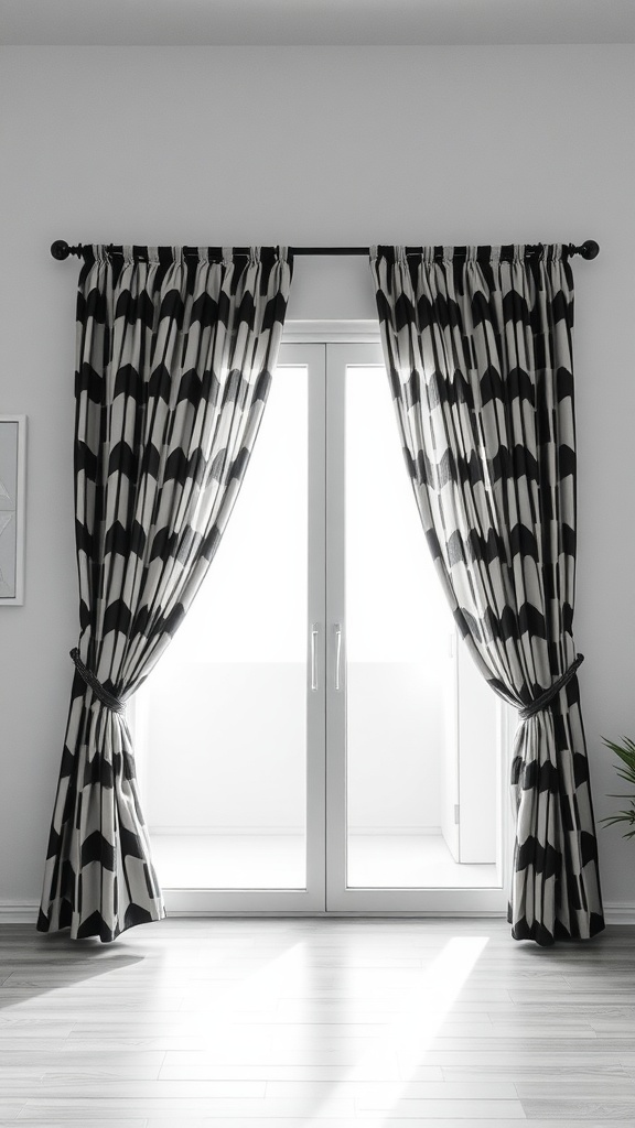 Geometric pattern curtains in black and white hanging over a sliding glass door