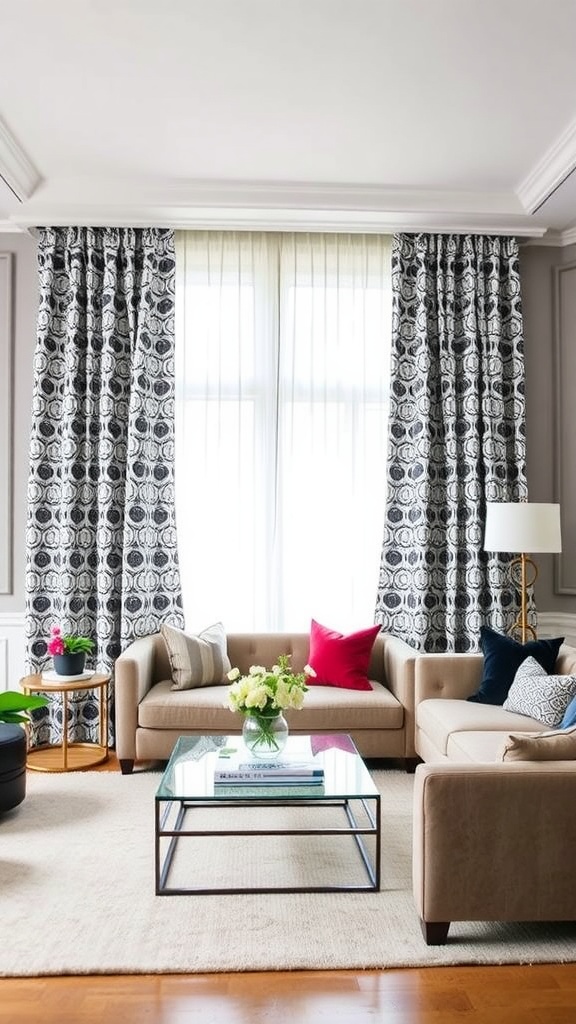 A stylish living room with geometric pattern curtains, gray furniture, and modern decor elements.