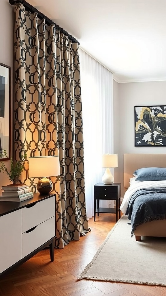 Geometric print curtains in a stylish bedroom setting