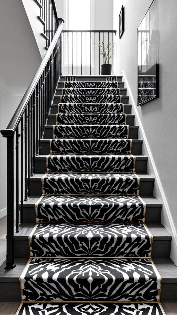 Staircase with black and white geometric patterned carpet
