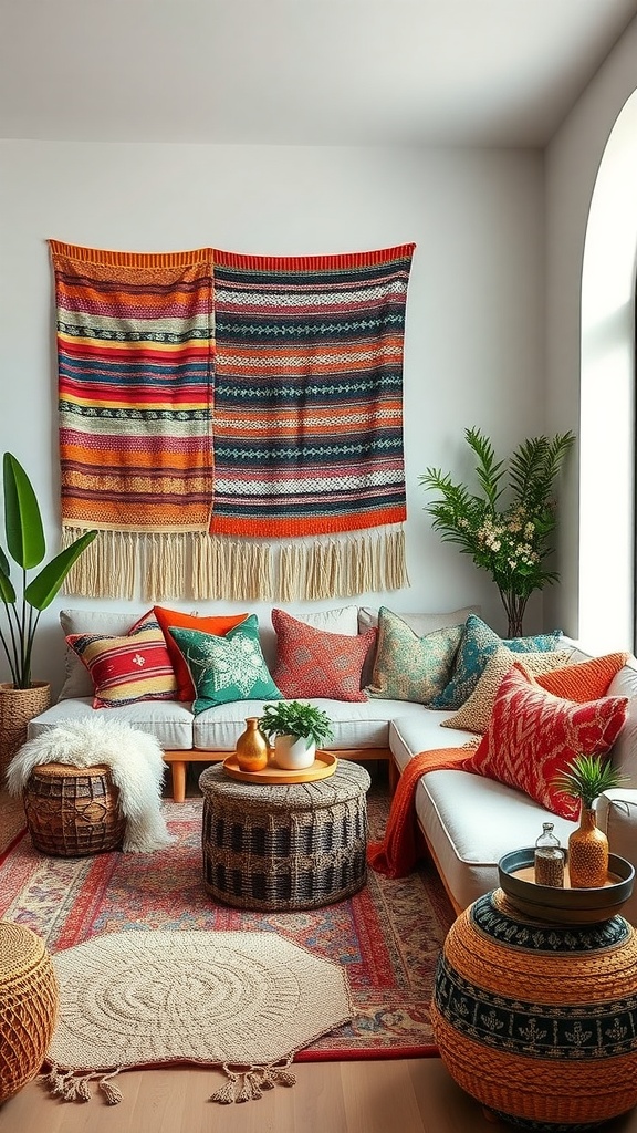 A cozy living room featuring handwoven textiles and throws, with a sofa, rug, and plants.