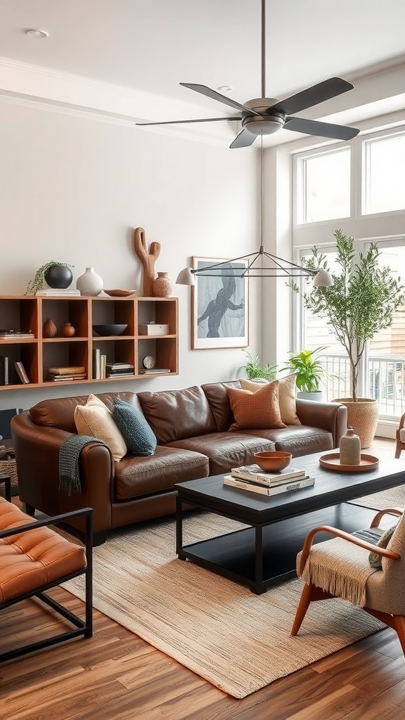 A stylish living room featuring a brown leather sofa, linen cushions, a wooden coffee table, and earthy decor elements.