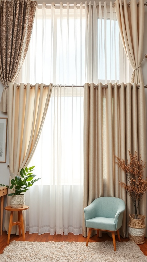 A living room with layered curtains, featuring sheer and textured drapes, a plant, and modern furniture.