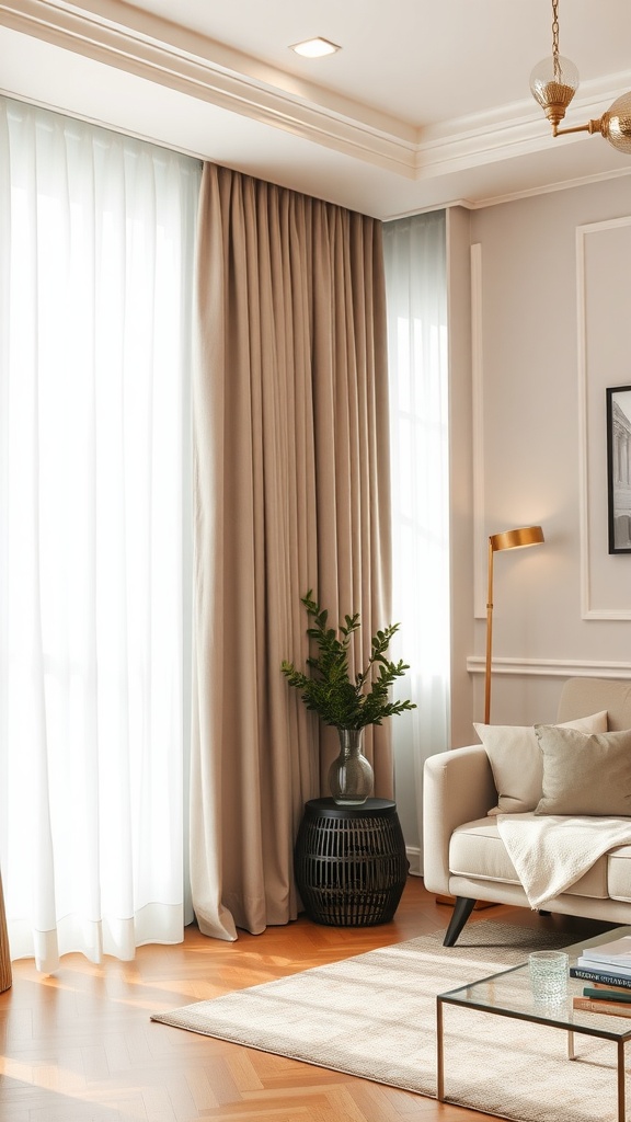 A cozy living room with sheer and heavier curtains framing a window, showcasing the importance of correct curtain length selection.