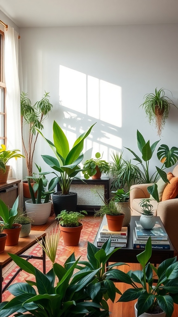 A cozy living room filled with various indoor plants, showcasing a blend of natural elements and comfortable furniture.