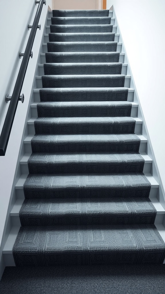 A staircase with an integrated dark carpet runner, featuring a modern design.