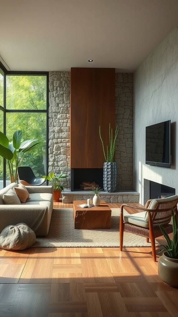 A modern earthy living room with stone walls, a wooden feature, large windows, and indoor plants.