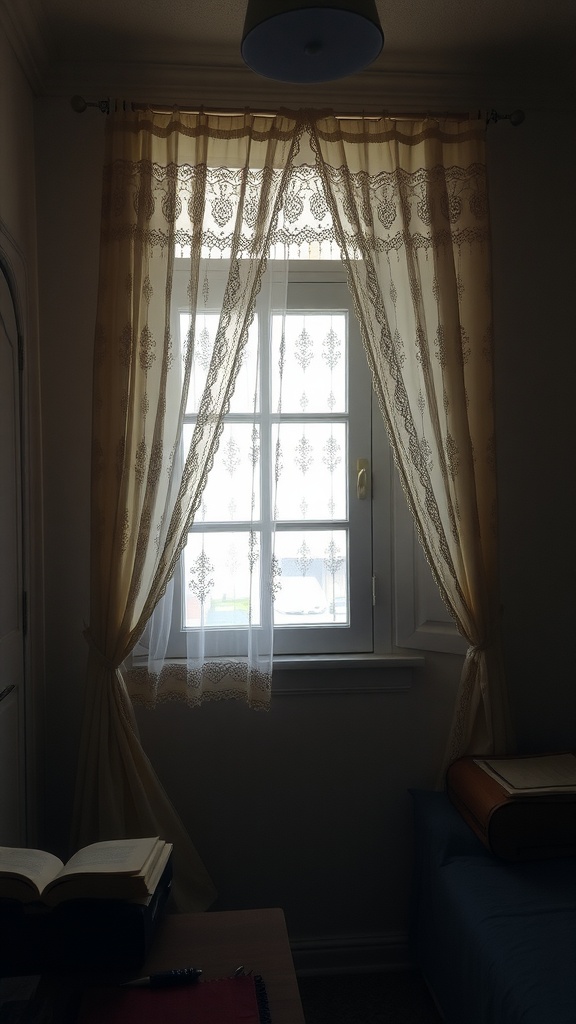 Lace curtains elegantly draped by a window, allowing soft light to enter the room.