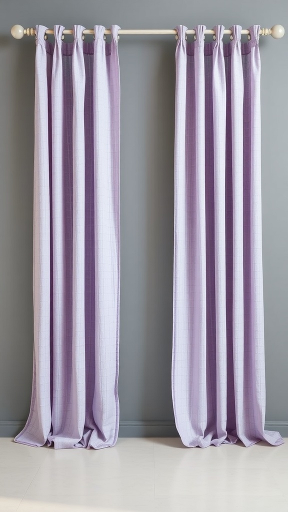 Lavender textured drapes hanging against a grey wall