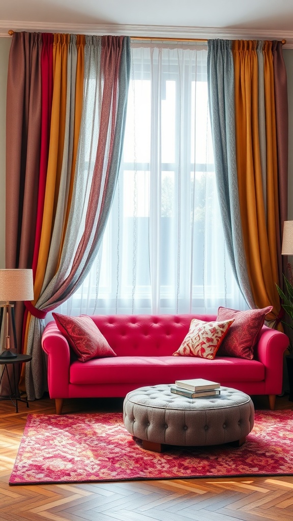 Colorful layered curtains in a living room with a pink couch and patterned cushions.