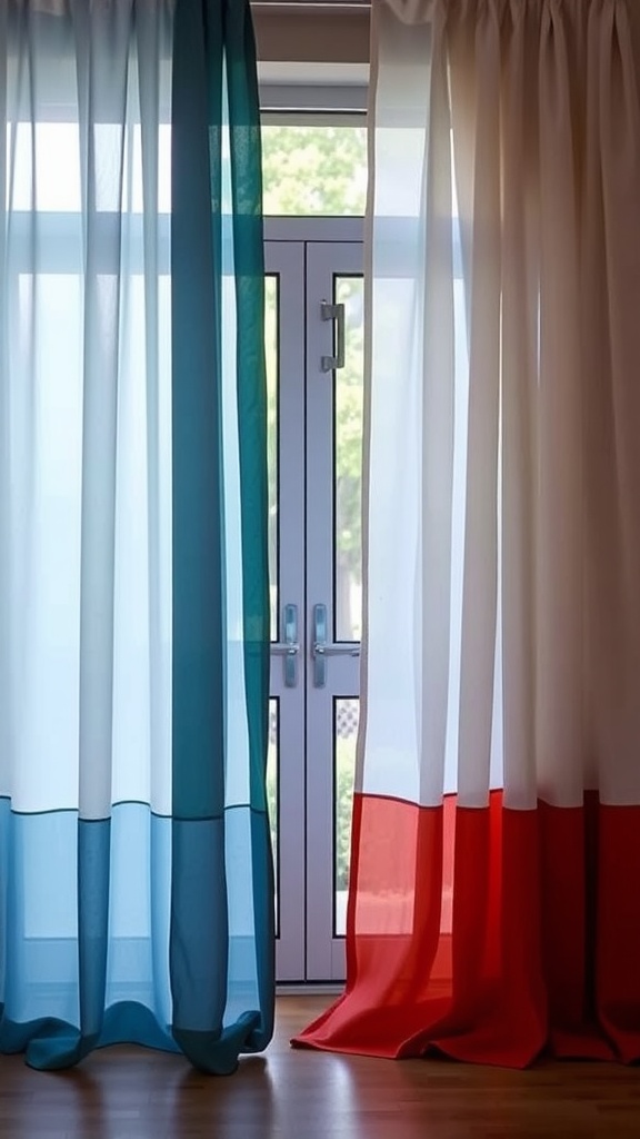 Layered colorful curtains in shades of pink, orange, and blue draped around a sliding glass door