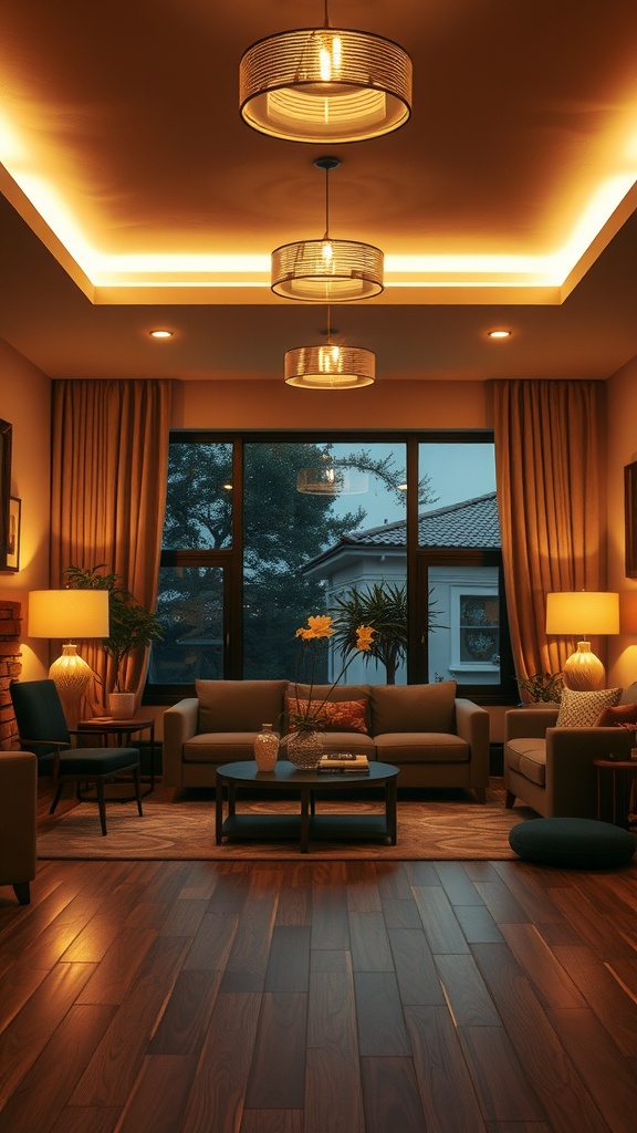 Cozy living room with layered lighting, featuring pendant lights, floor lamps, and a warm color palette.