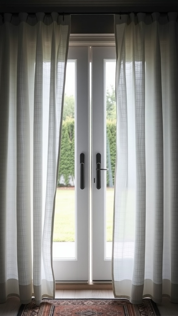 Layered textured curtains covering patio doors, letting in soft natural light.
