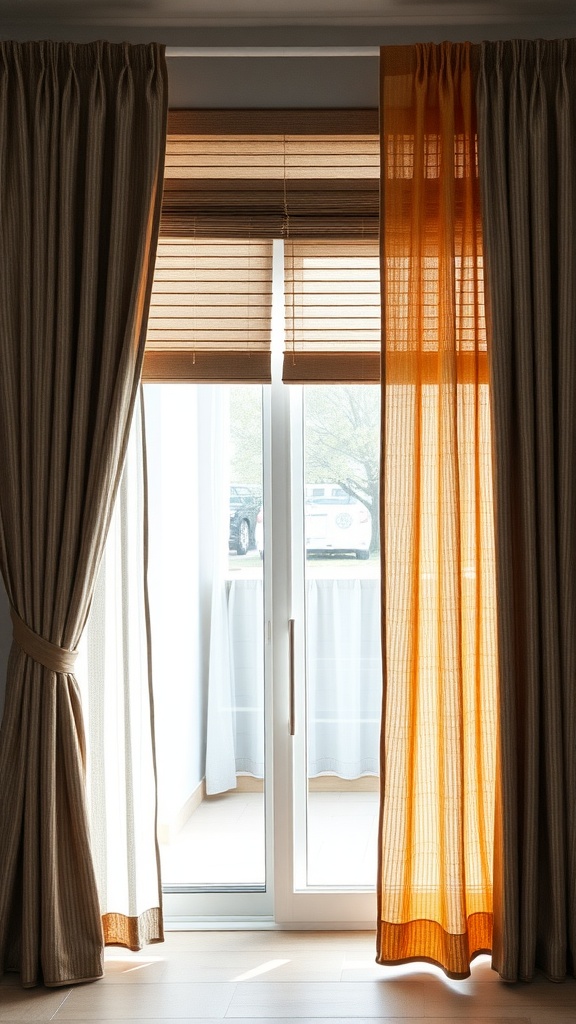 Layered window treatments featuring wooden blinds and sheer curtains on sliding glass doors.
