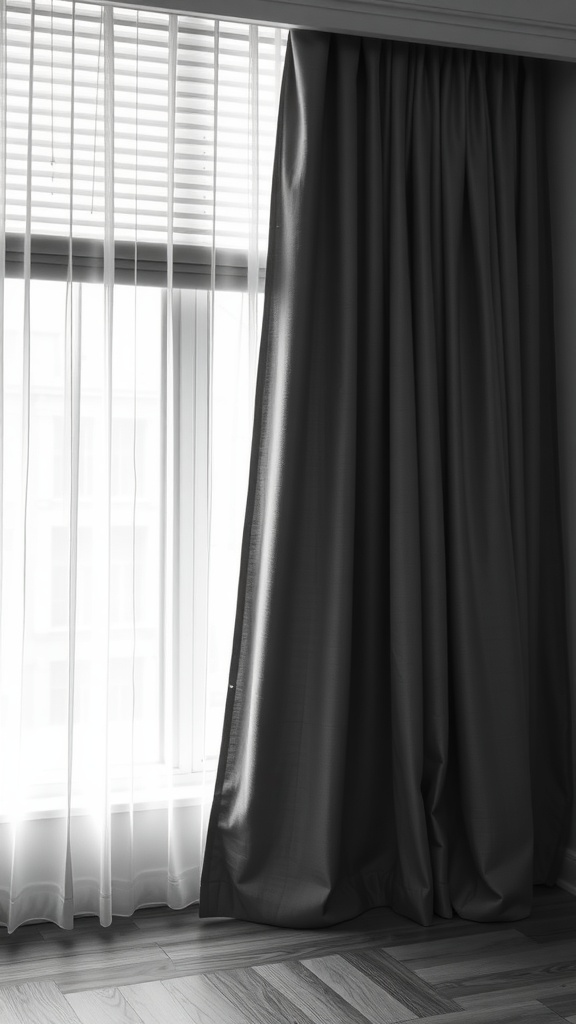 A layered window treatment featuring sheer curtains and thick drapes, showcasing a stylish and cozy ambiance.