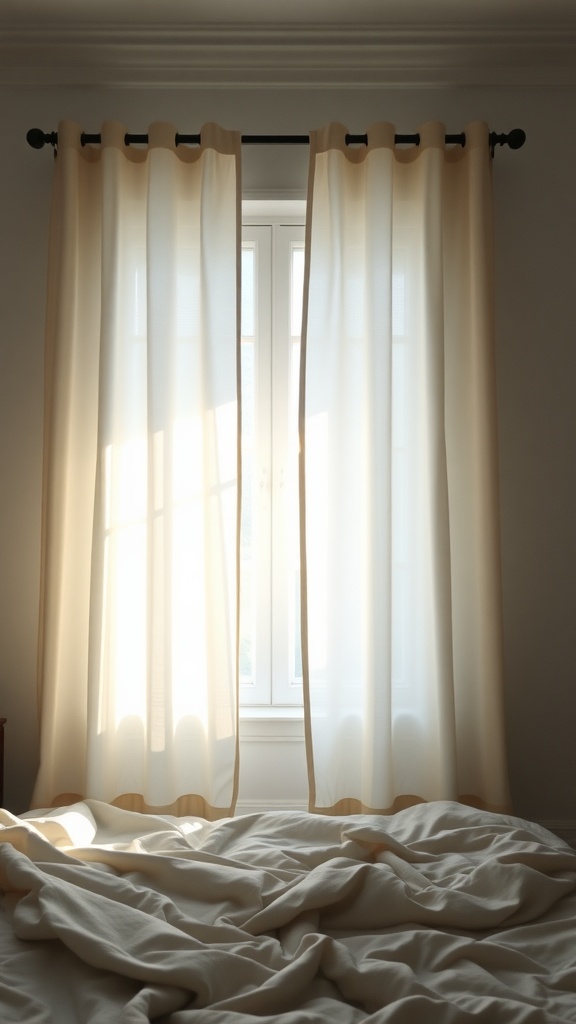 Light-filtering linen curtains framing a window with sunlight shining through, above a messy bed.