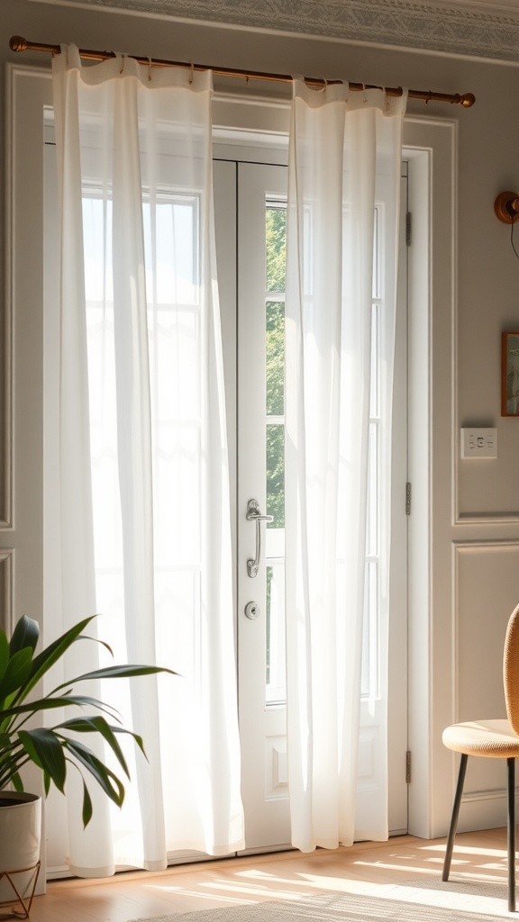 Light and airy sheer curtains hanging near a patio door with a plant and a chair in the room.