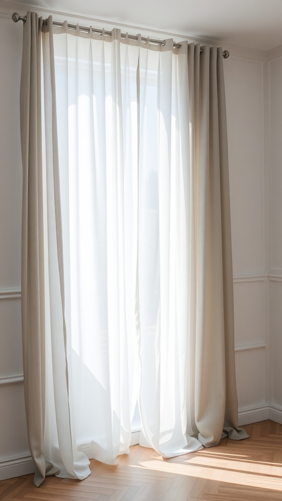Light gray sheer curtains hanging elegantly in a sunlit room with white walls