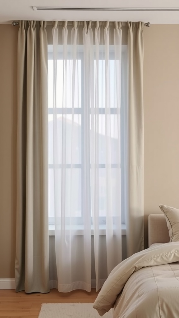 Light gray sheer curtains draped over a window with beige walls in a room