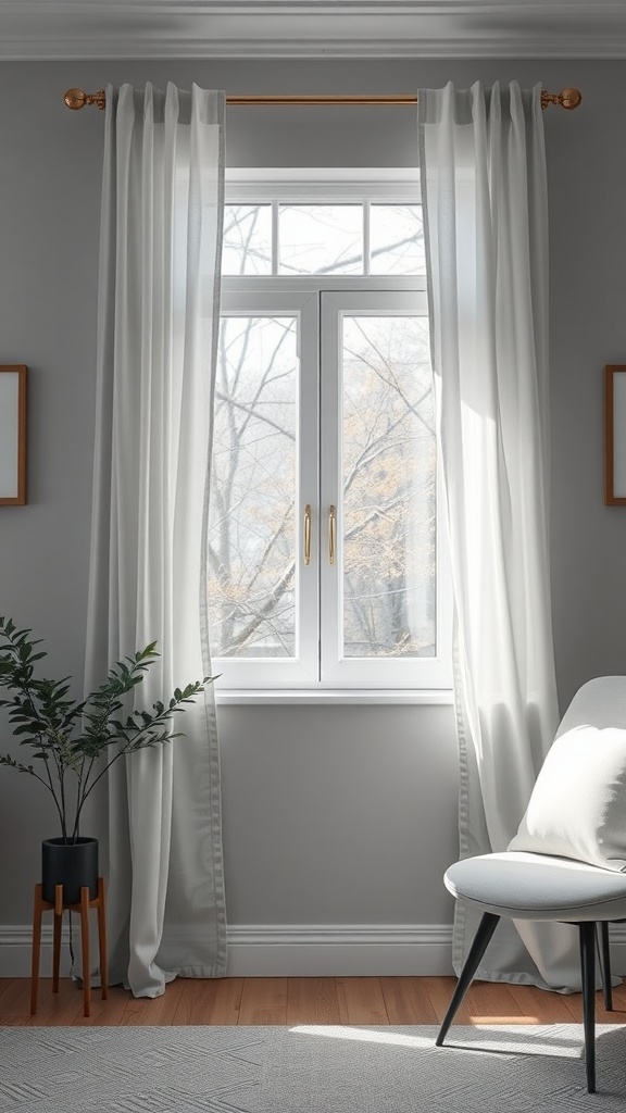 Light gray sheer curtains hanging by a window with a plant and chair in a room with grey walls.