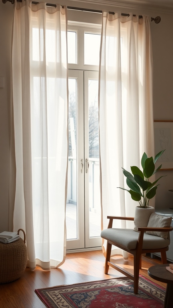 Lightweight linen curtains hanging by a sliding glass door, allowing natural light to filter in