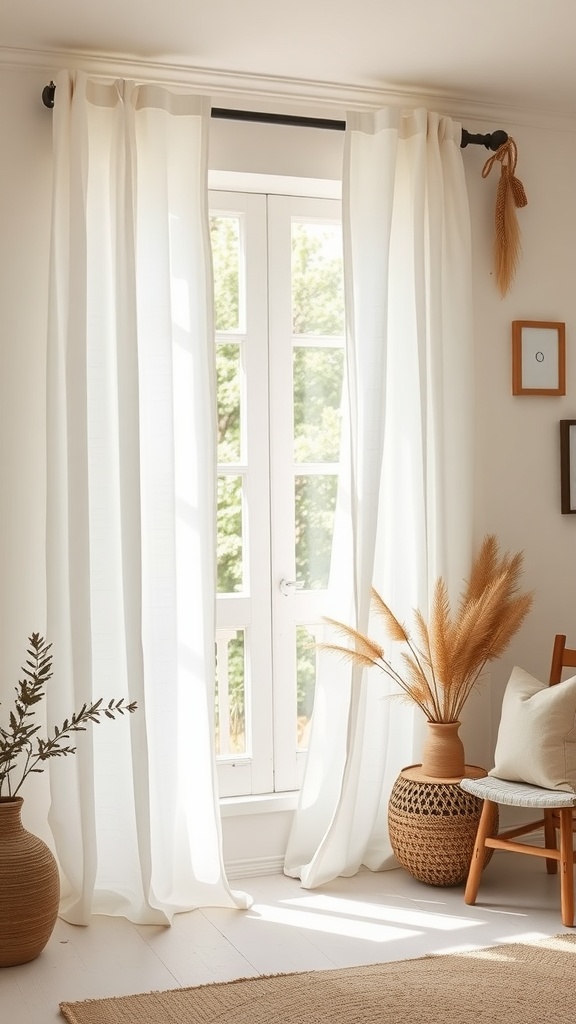 Lightweight linen curtains hanging by a window, with a cozy interior featuring natural decor elements.