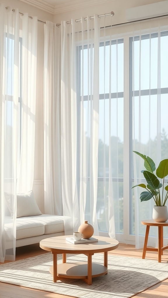 Bright living room with lightweight voile curtains, a cozy sofa, coffee table, and potted plant.