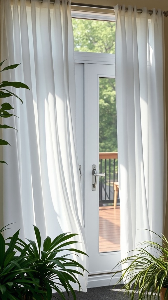 Bright white curtains framing a patio door with greenery in the foreground.